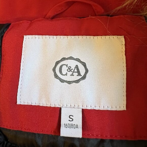C&A Parka Jacket Womens S Small Red Polyester Fill Puffer Faux Fur Winter Skiing - Picture 7 of 13